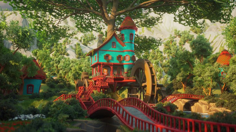La casa de Smish a l'arbre al bosc, amb torreta turquesa, ponts vermells i una gran roda